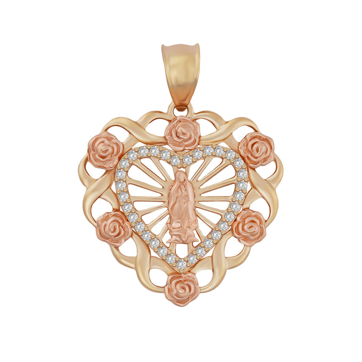 10k & 14k Gold Virgin Mary Guadalupe Bloom Rose Two-Tone Heart Pendant