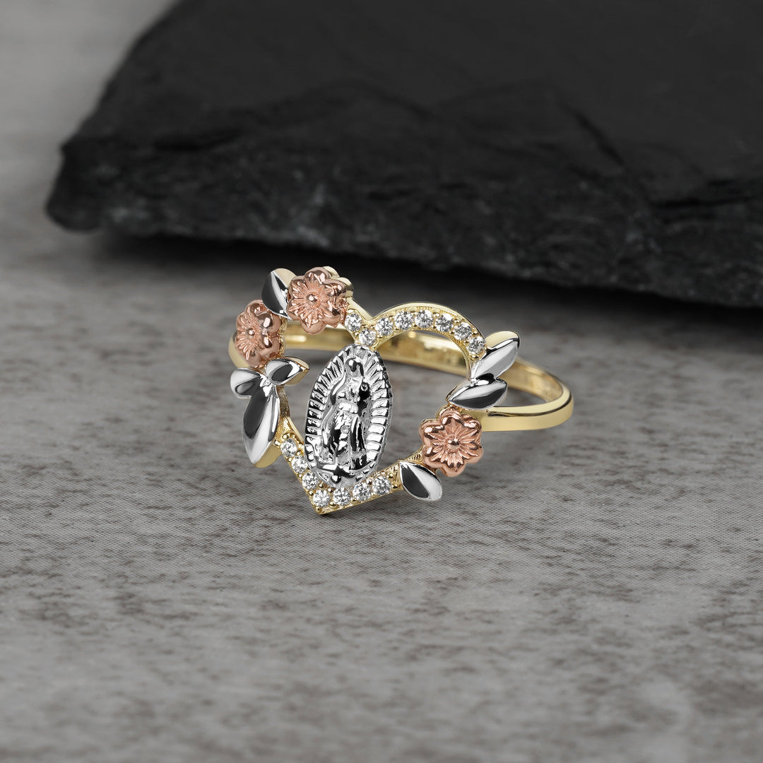10k & 14k Gold Virgin Mary Guadalupe Luxe Tri-Color Heart Ring