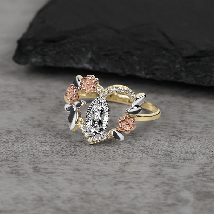10k & 14k Gold Virgin Mary Guadalupe Luxe Tri-Color Heart Ring