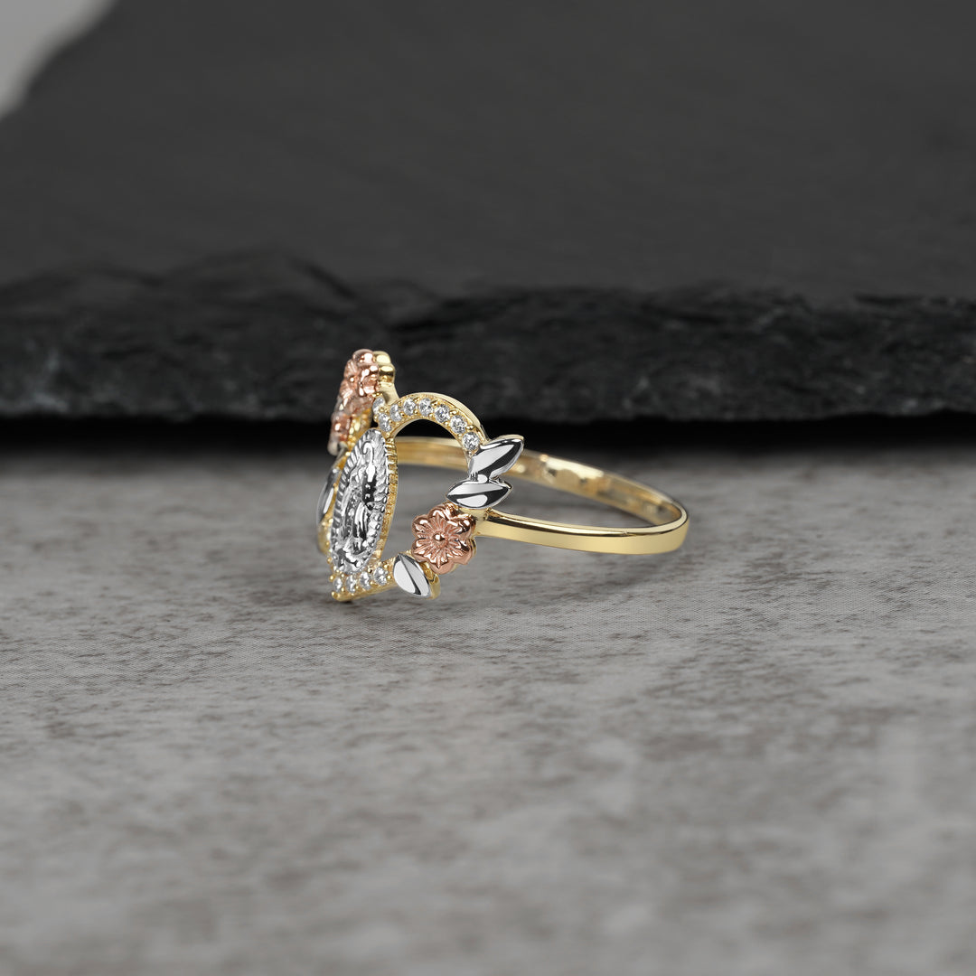 10k & 14k Gold Virgin Mary Guadalupe Luxe Tri-Color Heart Ring