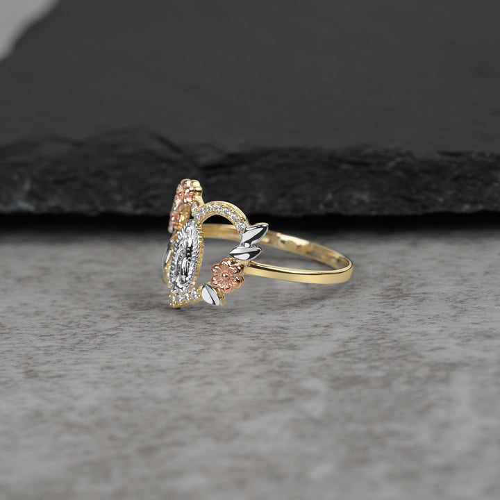 10k & 14k Gold Virgin Mary Guadalupe Luxe Tri-Color Heart Ring