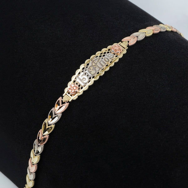 10k & 14k Gold Gilor Tricolor Quinceanera "15 Anos" Leaf Bracelet
