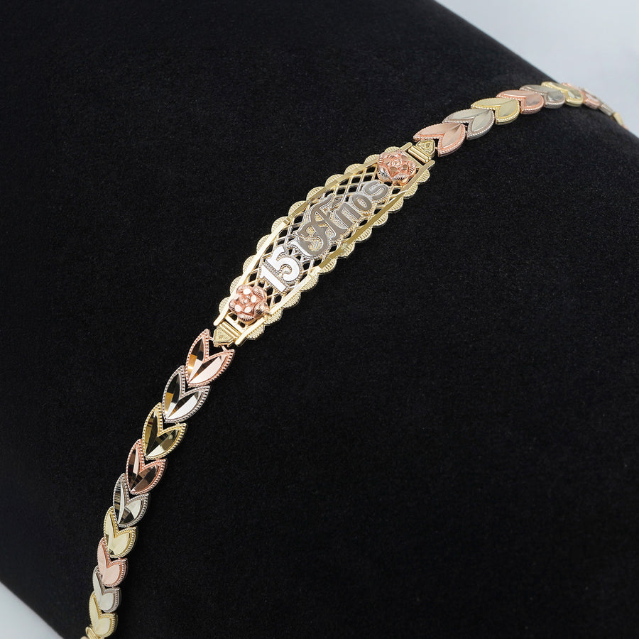 10k & 14k Gold Gilor Tricolor Quinceanera "15 Anos" Leaf Bracelet