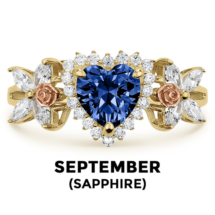14k Gold Blingin Birthstone Heart n Rose Two-Tone Ring