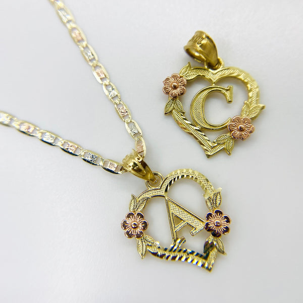 10k & 14k Gold Heart N Rose Two-Tone Initial Pendant Necklace