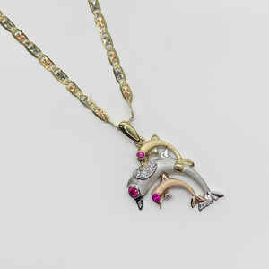 14k Gold Trio Dolphin Tri-Color CZ Pendant