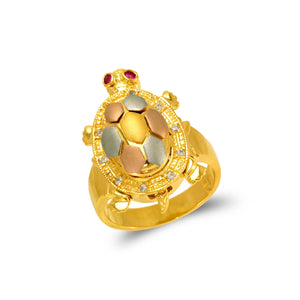 14k Solid Gold Turtle Ring with Tri-Color Tourmaline & Red Eye Moving Head Design Lucky Charm for Women and Girls Unique Baby Turtle Jewelry