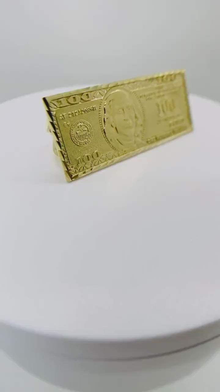 10k Gold Benjamin Hundred Dollar Bill Two Finger Ring