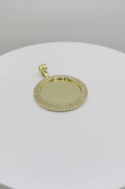 10k Gold Memorial Picture Fancy Greek Key CZ Round Pendant Necklace