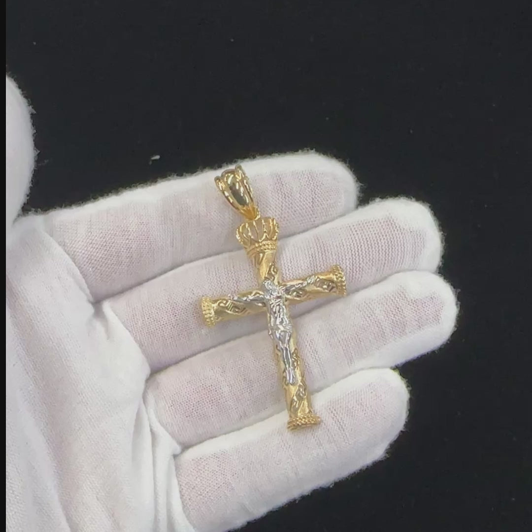 10k & 14k Gold Loyal Two-Tone Crucifix Greek Key Cross Pendant