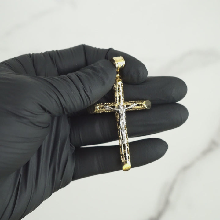 10k & 14k Gold Relic INRI Two-Tone Crucifix Cross Pendant