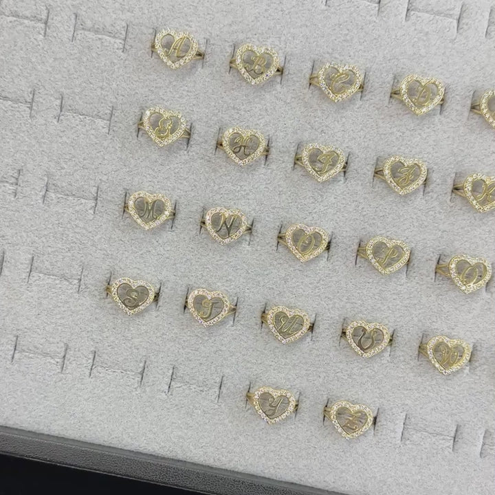 10k Gold Lily Cursive Initial Heart CZ Ring