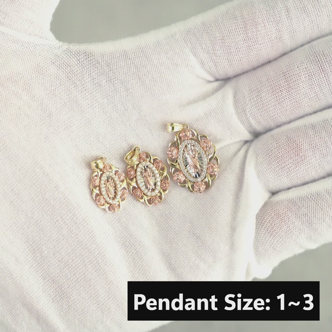 10k & 14k Gold San Judas Bloom Rose Tri-Color Round Pendant