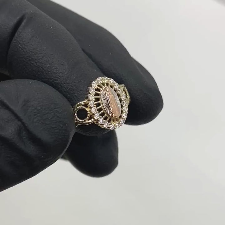 10k & 14k Gold Halo Virgin Mary Tri-color Oval CZ Ring