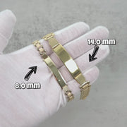 Video demonstrating 8.0mm and 14.0mm width options for 10k yellow gold hollow classic Rollie chain personalized ID bracelets.