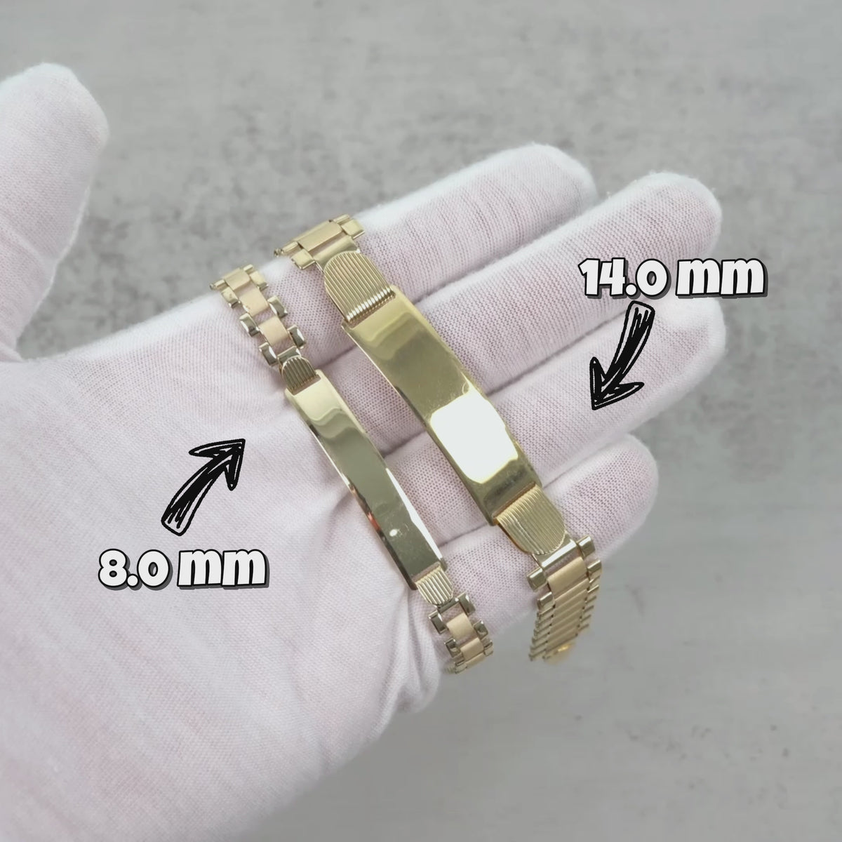 Video demonstrating 8.0mm and 14.0mm width options for 10k yellow gold hollow classic Rollie chain personalized ID bracelets.
