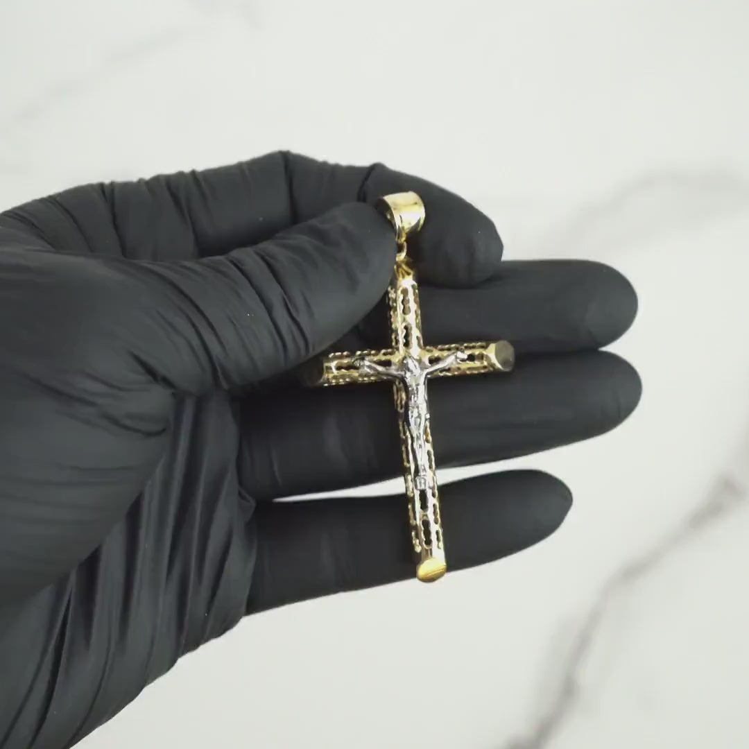 10k & 14k Gold Relic INRI Two-Tone Crucifix Cross Pendant Necklace