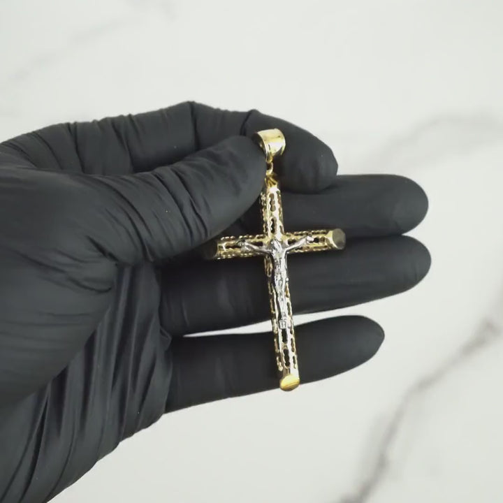 10k & 14k Gold Relic INRI Two-Tone Crucifix Cross Pendant Necklace