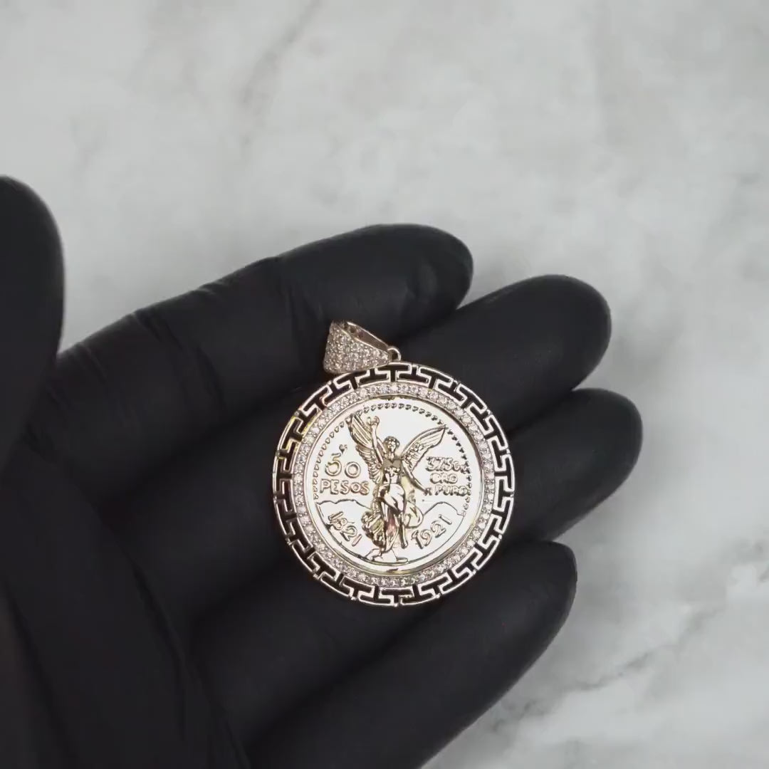14k Gold Centenario Greek Key Bezel Round CZ Pendant Necklace