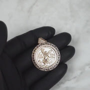 14k Gold Centenario Greek Key Bezel Round CZ Pendant Necklace
