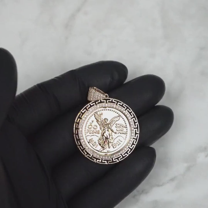 14k Gold Centenario Greek Key Bezel Round CZ Pendant Necklace