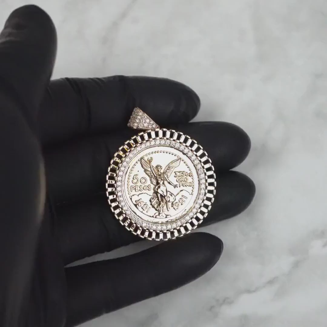 14k Gold Centenario Rollie Bezel Round CZ Pendant Necklace