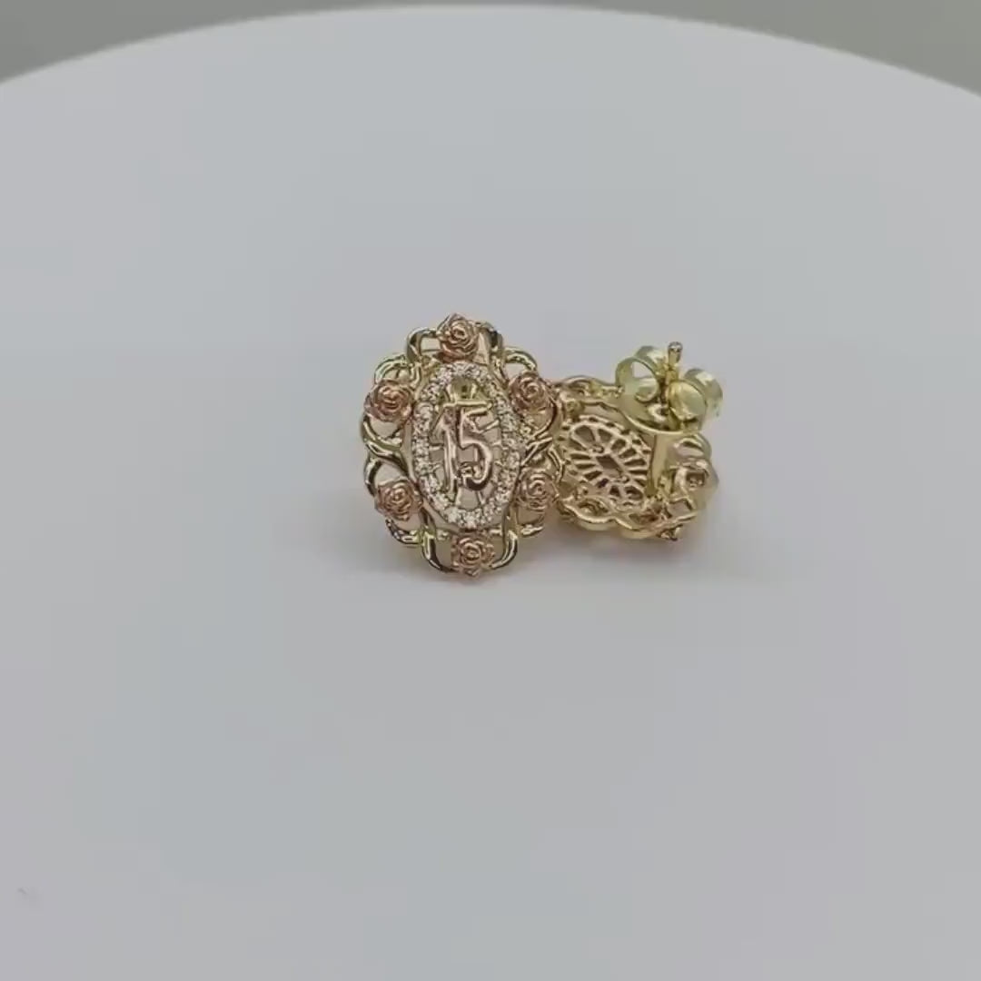 10k & 14k Gold Quinceanera Bloom Rose Tri-Color Stud Earrings