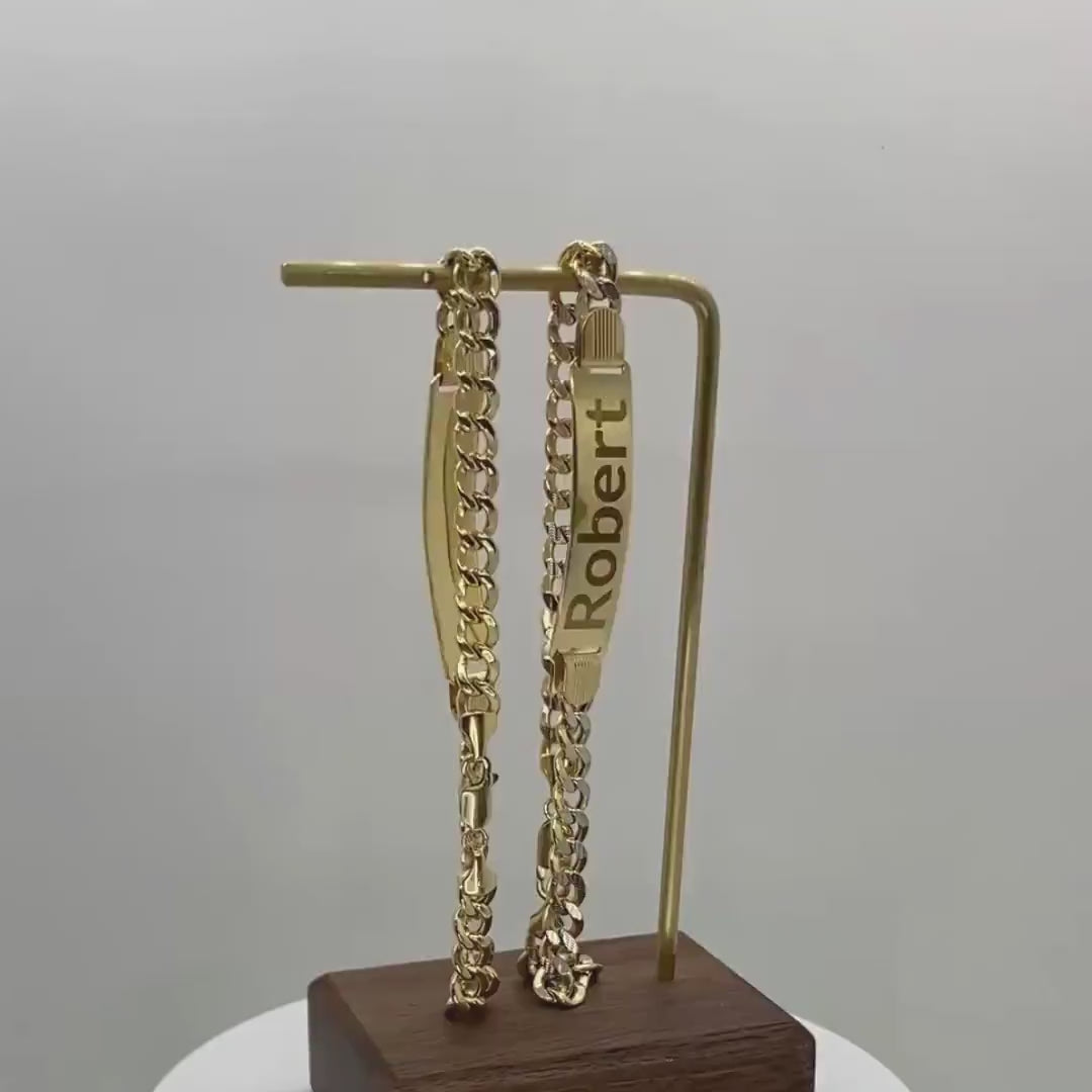 14k Gold Cuban Style Classic Paved Diamond Cut Personalized Engraved ID Chain Link Bracelet