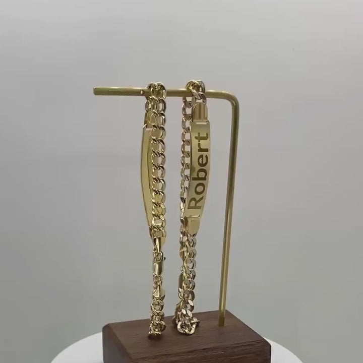 14k Gold Cuban Style Classic Paved Diamond Cut Personalized Engraved ID Chain Link Bracelet