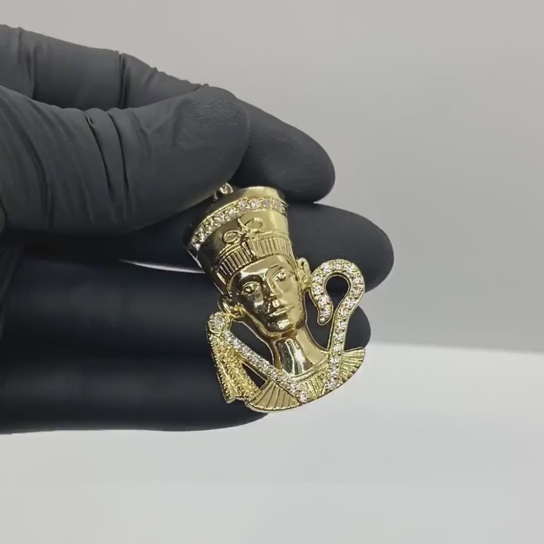 10k Gold Queen Nefertiti CZ Pendant Necklace
