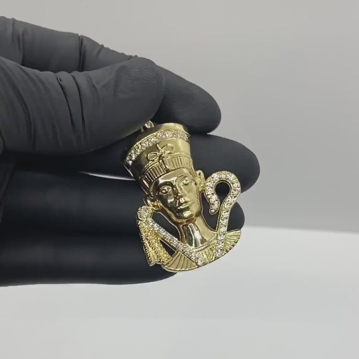 10k Gold Queen Nefertiti CZ Pendant Necklace