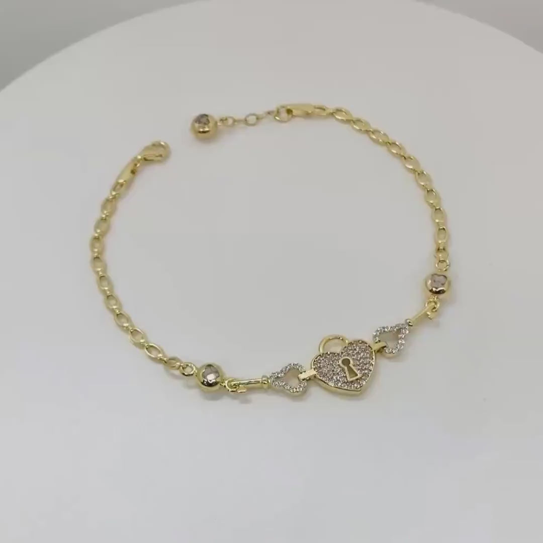 14k Solid Gold Heart Lock and Key CZ Charm Bracelet