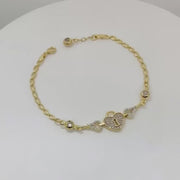 14k Solid Gold Heart Lock and Key CZ Charm Bracelet