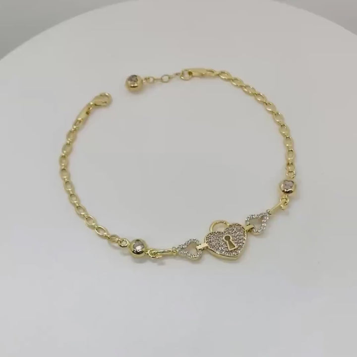 14k Solid Gold Heart Lock and Key CZ Charm Bracelet