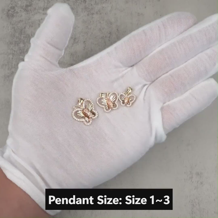 10k & 14k Gold Leir Virgin Mary Guadalupe Butterfly CZ Pendant Necklace