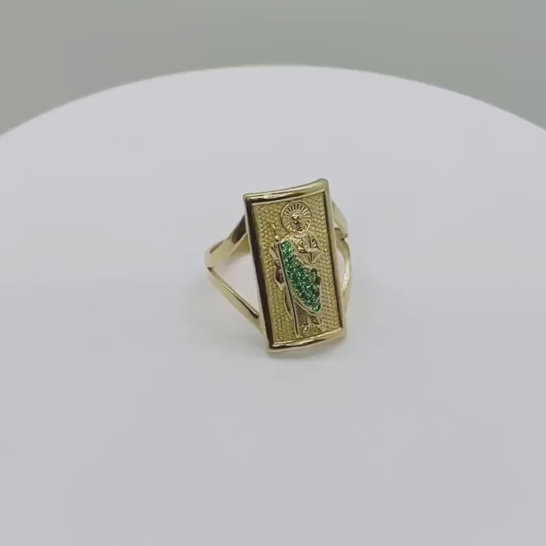 14k Solid Valor Gold San Judas Green CZ Ring