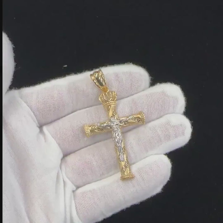 10k & 14k Gold Loyal Two-Tone Crucifix Greek Key Cross Pendant Necklace