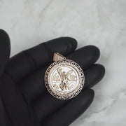 14k Gold Centenario Greek Key Bezel Round CZ Pendant