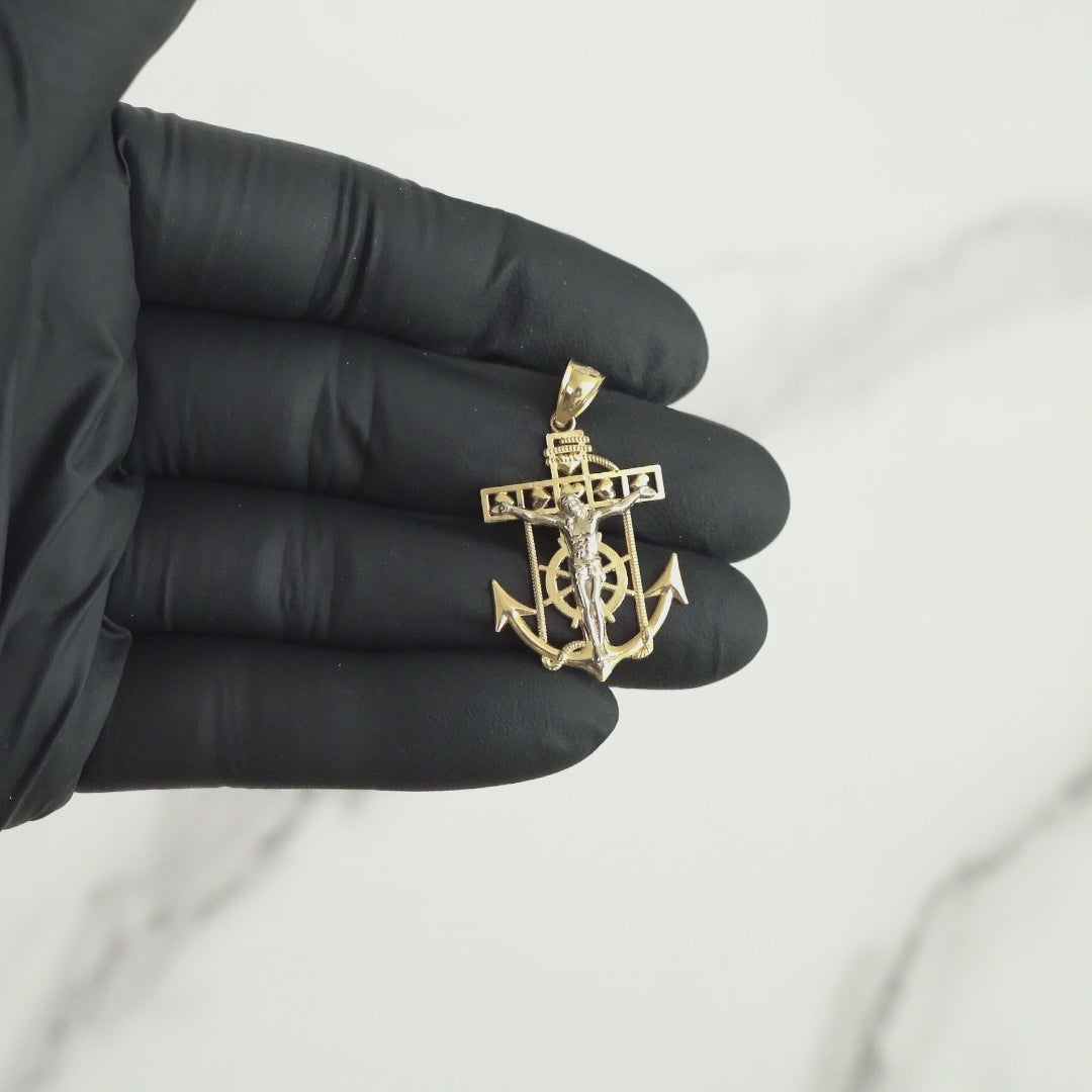 14k Gold Divine Two-Tone Crucifix Anchor Pendant
