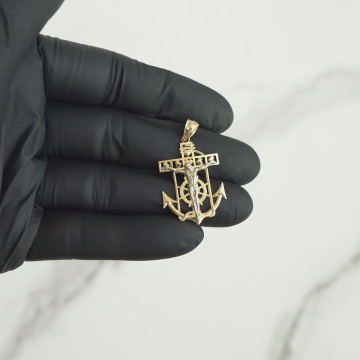 14k Gold Divine Two-Tone Crucifix Anchor Pendant