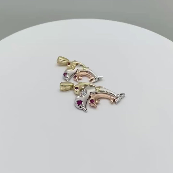 14k Gold Trio Dolphin Tri-Color CZ Pendant