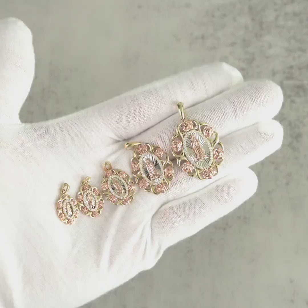 10k & 14k Gold Virgin Mary Guadalupe Bloom Rose Tri-Color Round Pendant Necklace