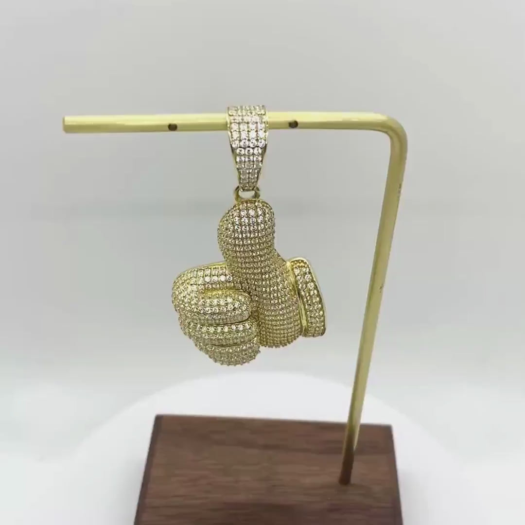 10k Gold Iced Thumbs Up CZ Pendant Necklace