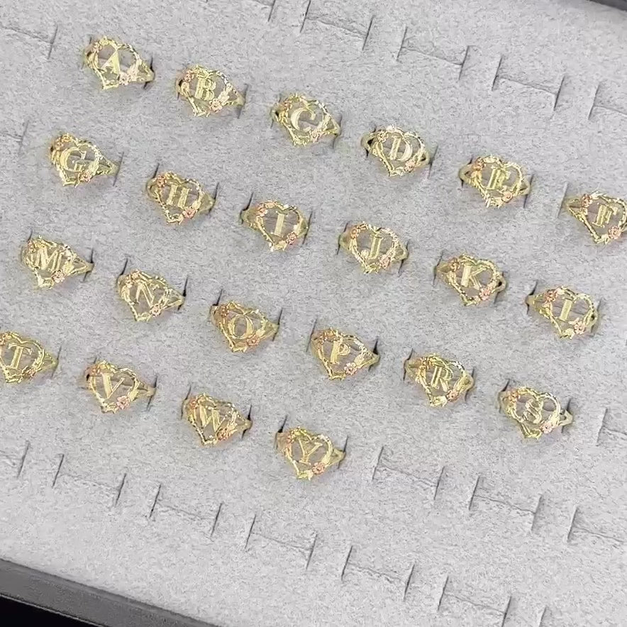 10k & 14k Gold Heart n Rose Two-Tone Initial Ring