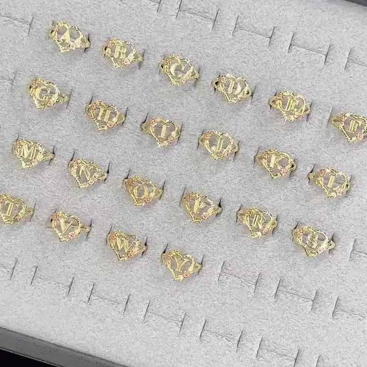10k & 14k Gold Heart n Rose Two-Tone Initial Ring