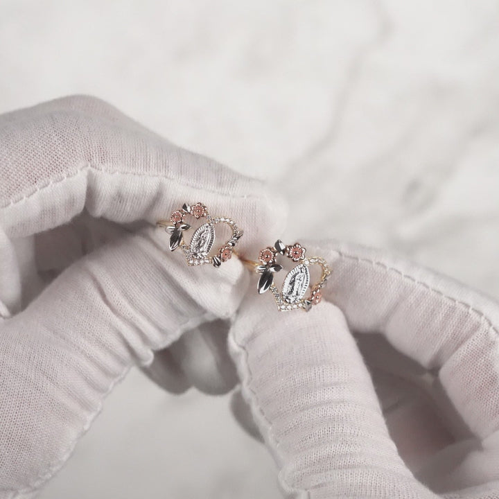 10k & 14k Gold Virgin Mary Guadalupe Luxe Tri-Color Heart Ring