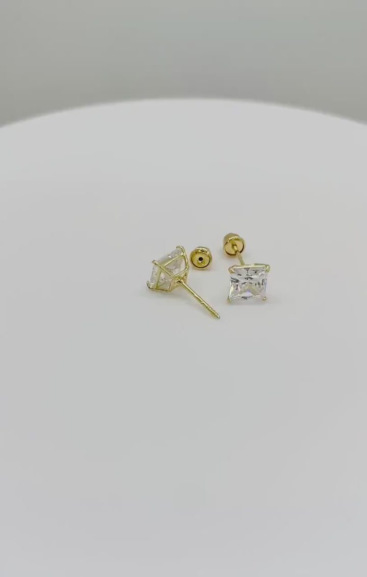 14k Solid Gold Square Classic Simple Screw Back Cubic Zirconia Stud Earrings Elegant Everyday Jewelry Perfect Gift for Her and Him