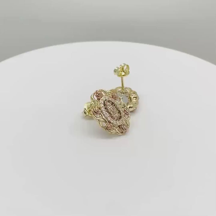 10k & 14k Gold Virgin Mary Guadalupe Bloom Rose Tri-Color Oval Stud Earrings