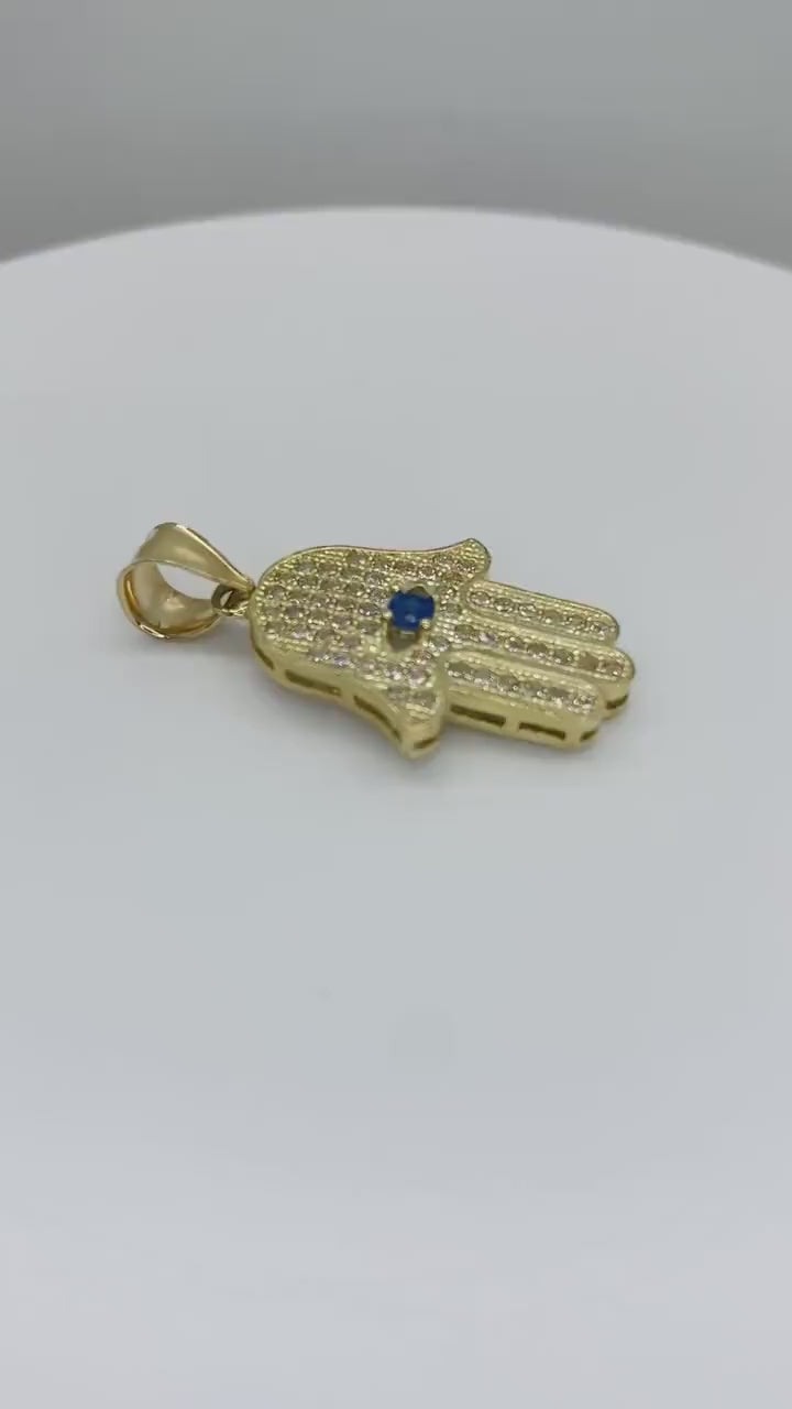 10k & 14k Solid Gold Hamsa Hand CZ Evil Eye Pendant Necklace
