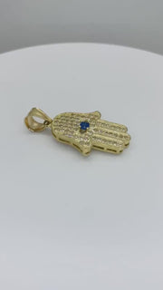 10k & 14k Solid Gold Hamsa Hand CZ Evil Eye Pendant Necklace
